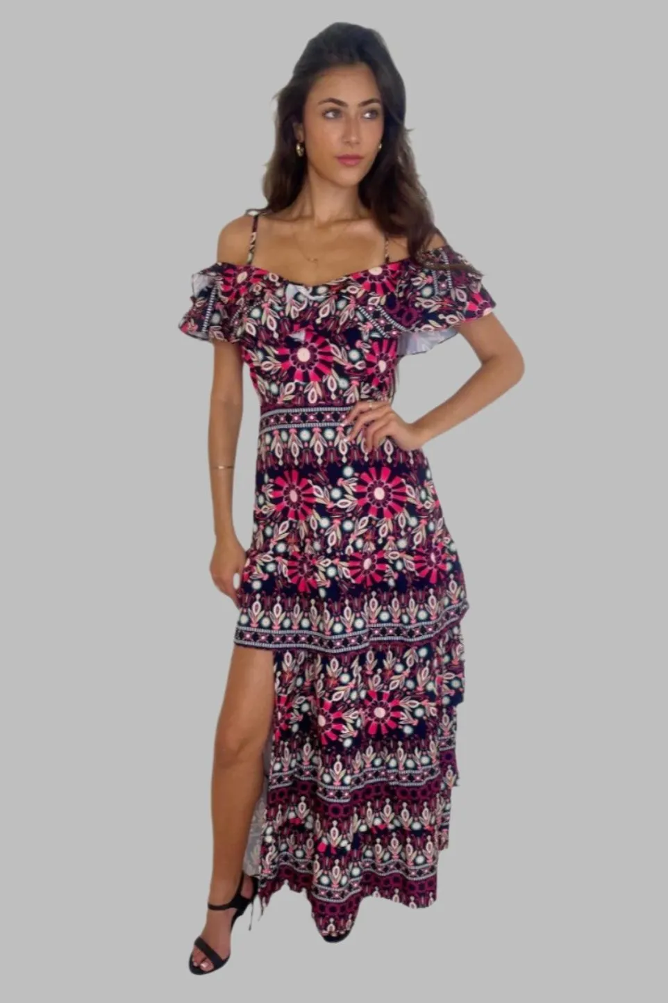 Side Slit Frill Off Shoulder Vibrant Print Spanish Maxi Dress