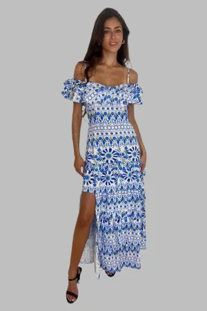 Side Slit Frill Off Shoulder Vibrant Print Spanish Maxi Dress