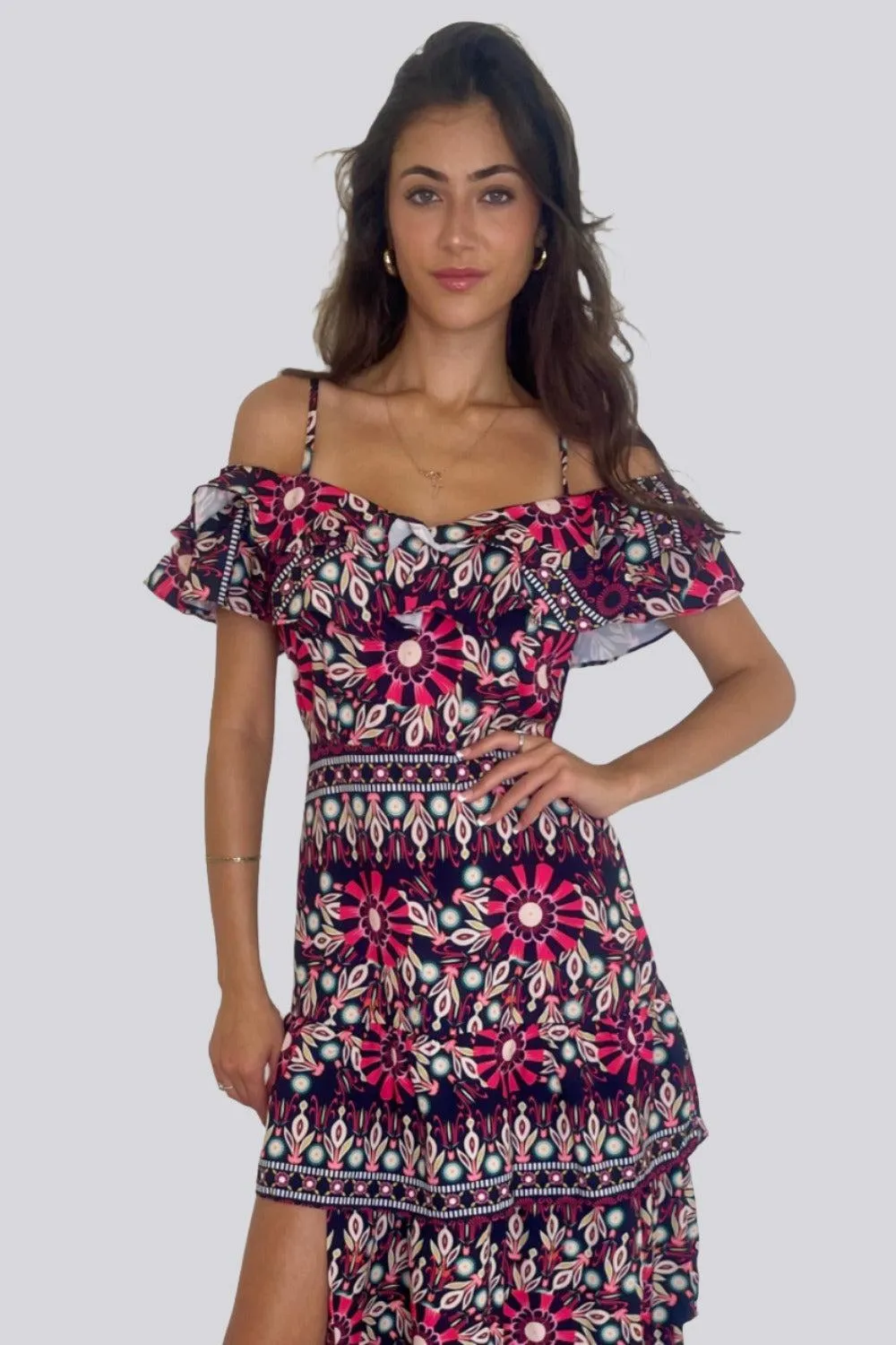 Side Slit Frill Off Shoulder Vibrant Print Spanish Maxi Dress
