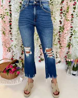 Skip Down Dark Denim Fray Cropped Flares