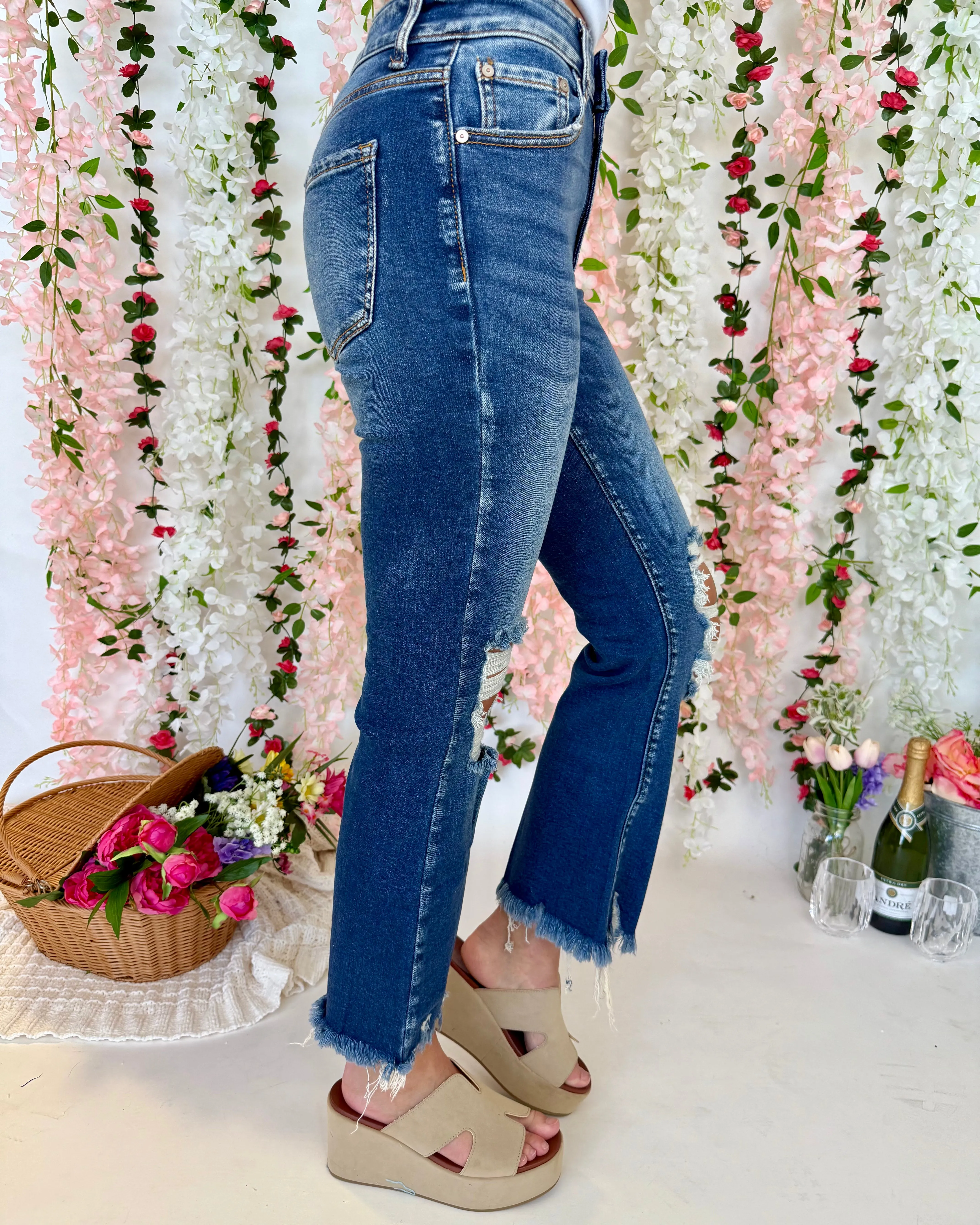 Skip Down Dark Denim Fray Cropped Flares