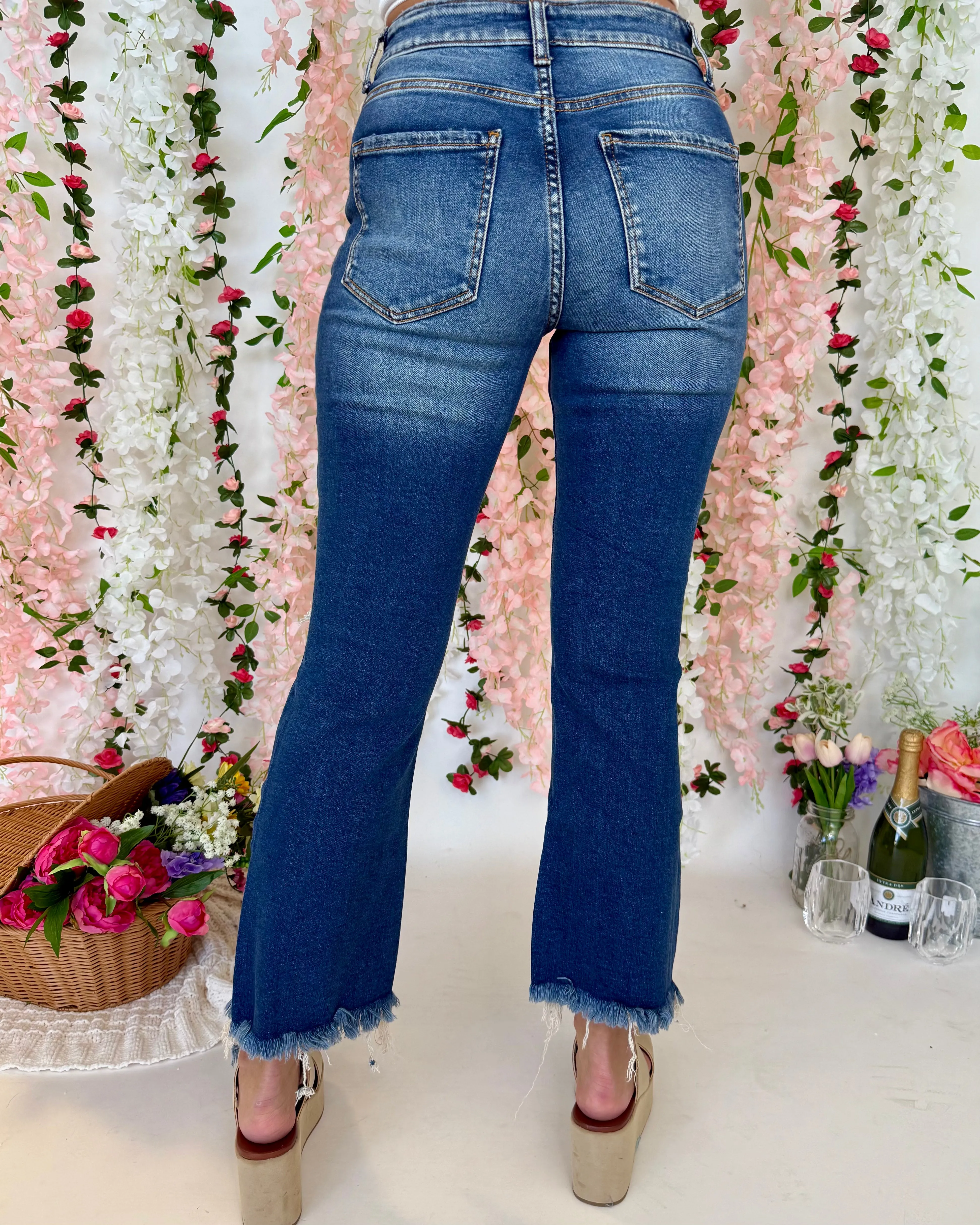 Skip Down Dark Denim Fray Cropped Flares