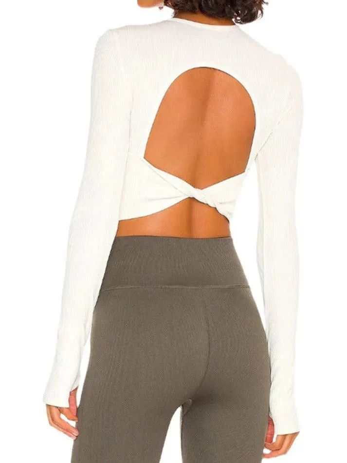 Sporty Solid Ribbed Twist Back Long Sleeve Tee