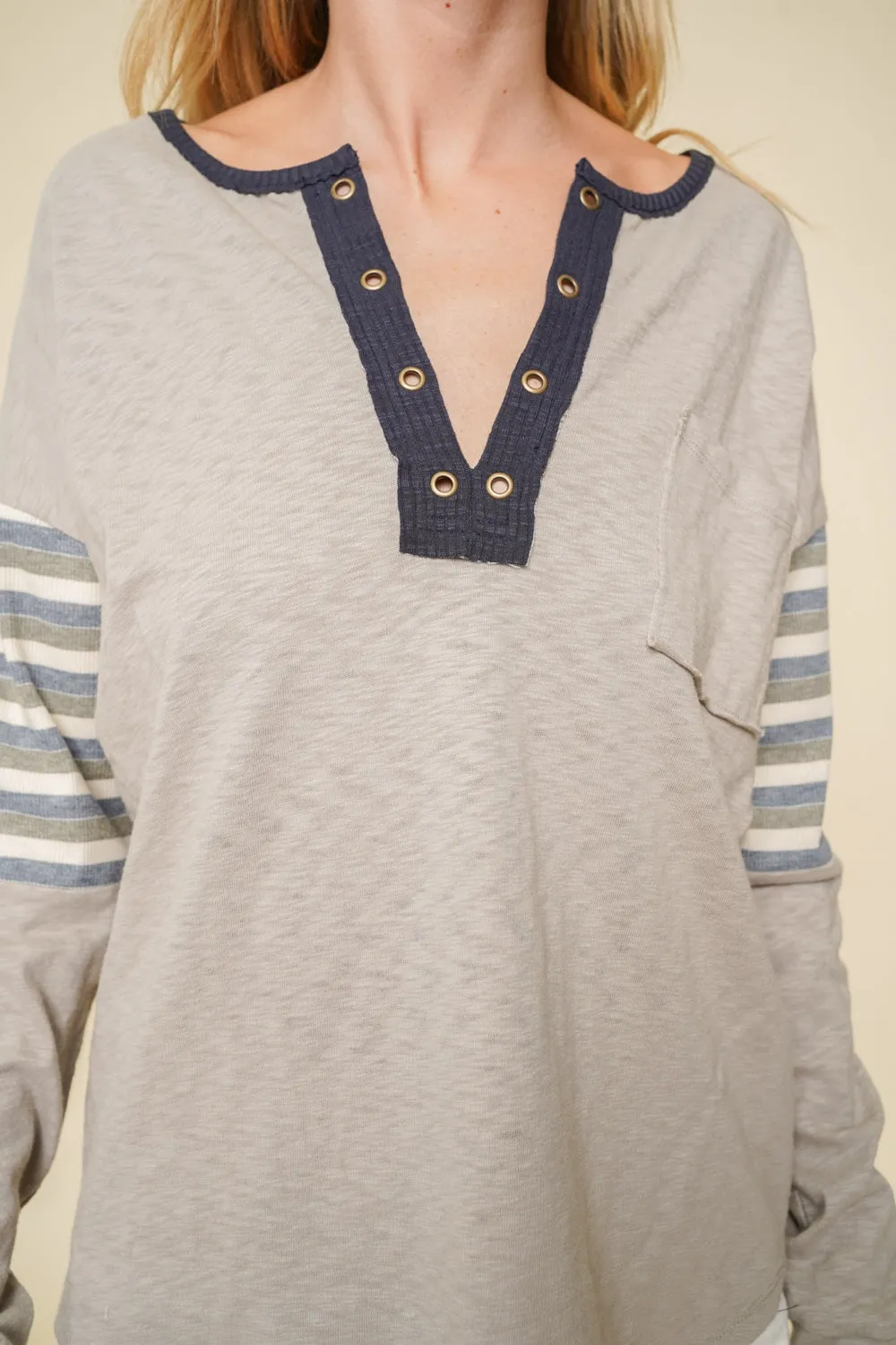 Stripe Grommet Henley Top