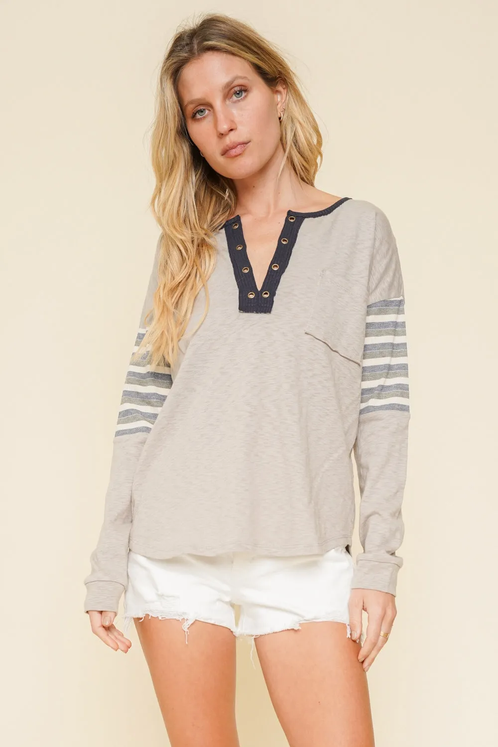 Stripe Grommet Henley Top