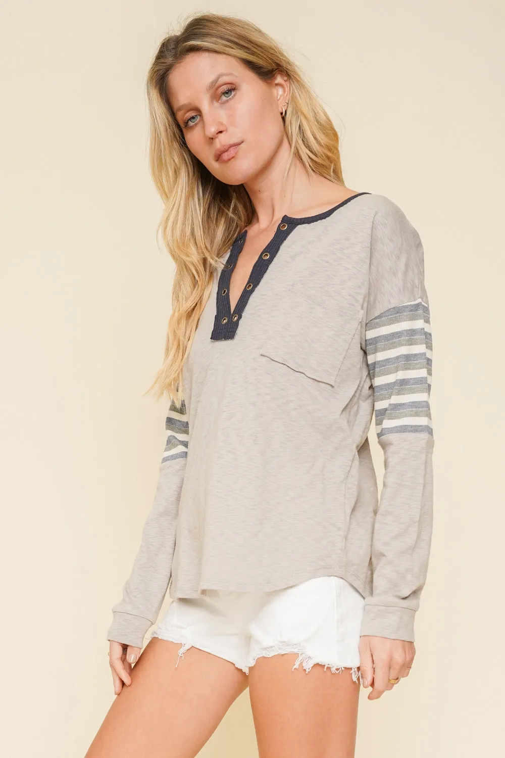 Stripe Grommet Henley Top