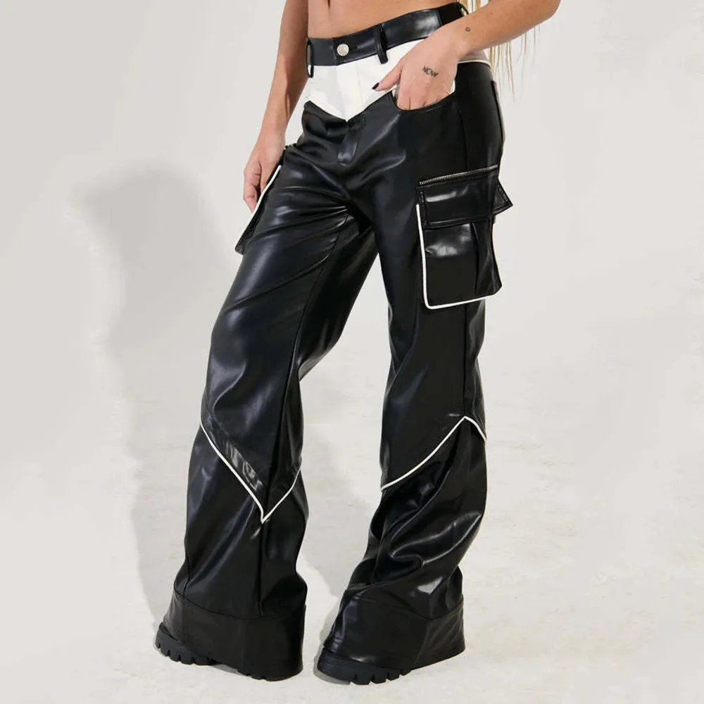 Trend4us Bold Contrast Faux Leather Cargo Pants