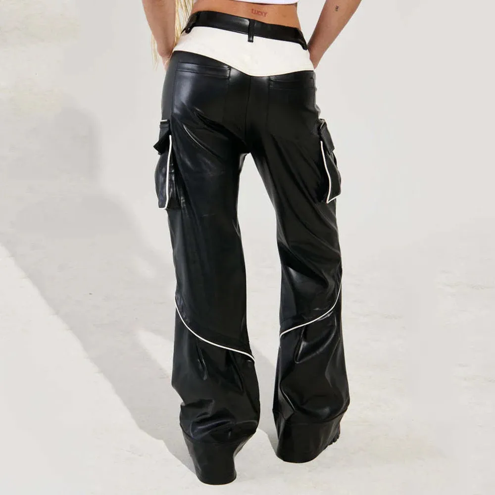 Trend4us Bold Contrast Faux Leather Cargo Pants