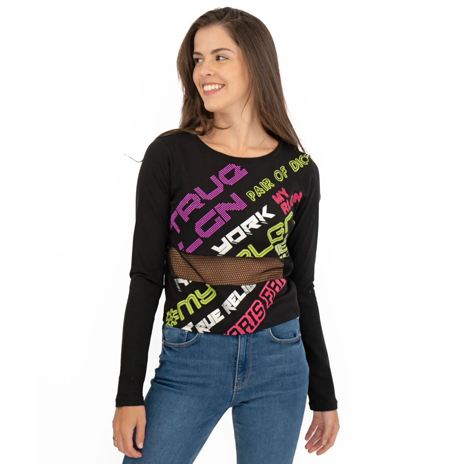 True Religion Womens Black Graphic Print Long Sleeve Top