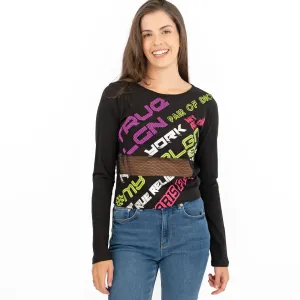 True Religion Womens Black Graphic Print Long Sleeve Top