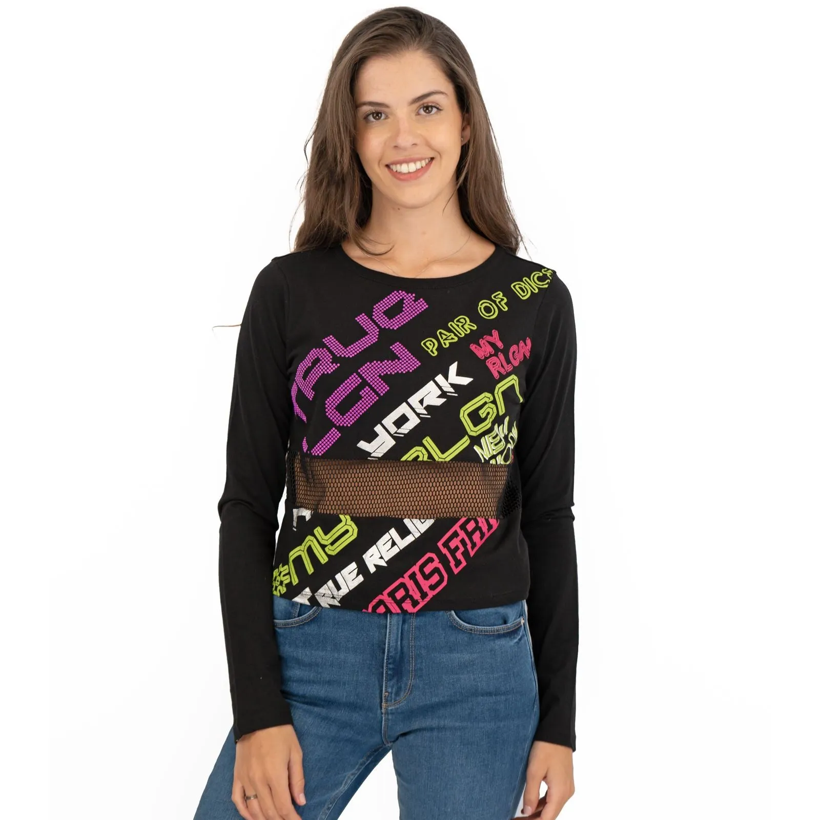 True Religion Womens Black Graphic Print Long Sleeve Top