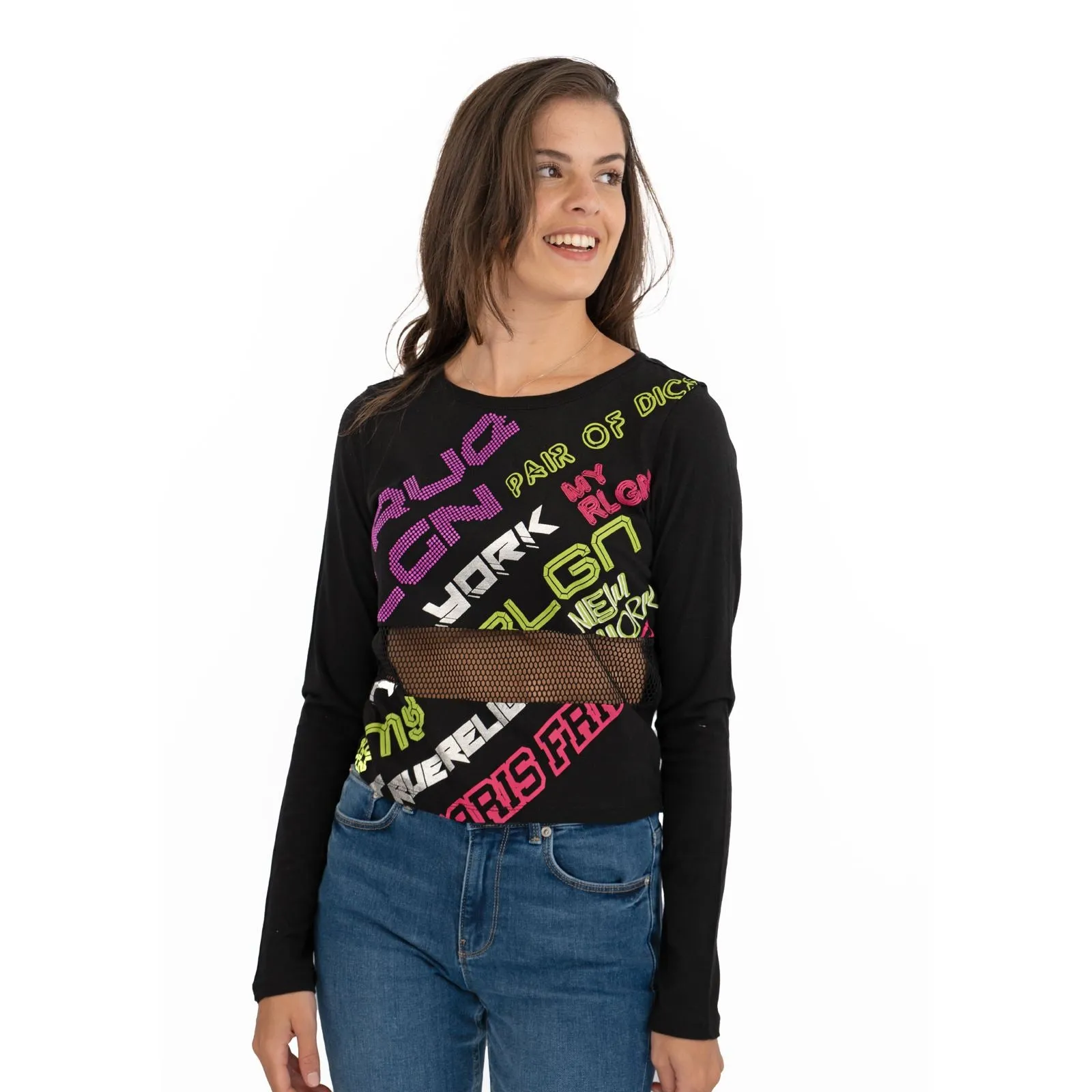 True Religion Womens Black Graphic Print Long Sleeve Top