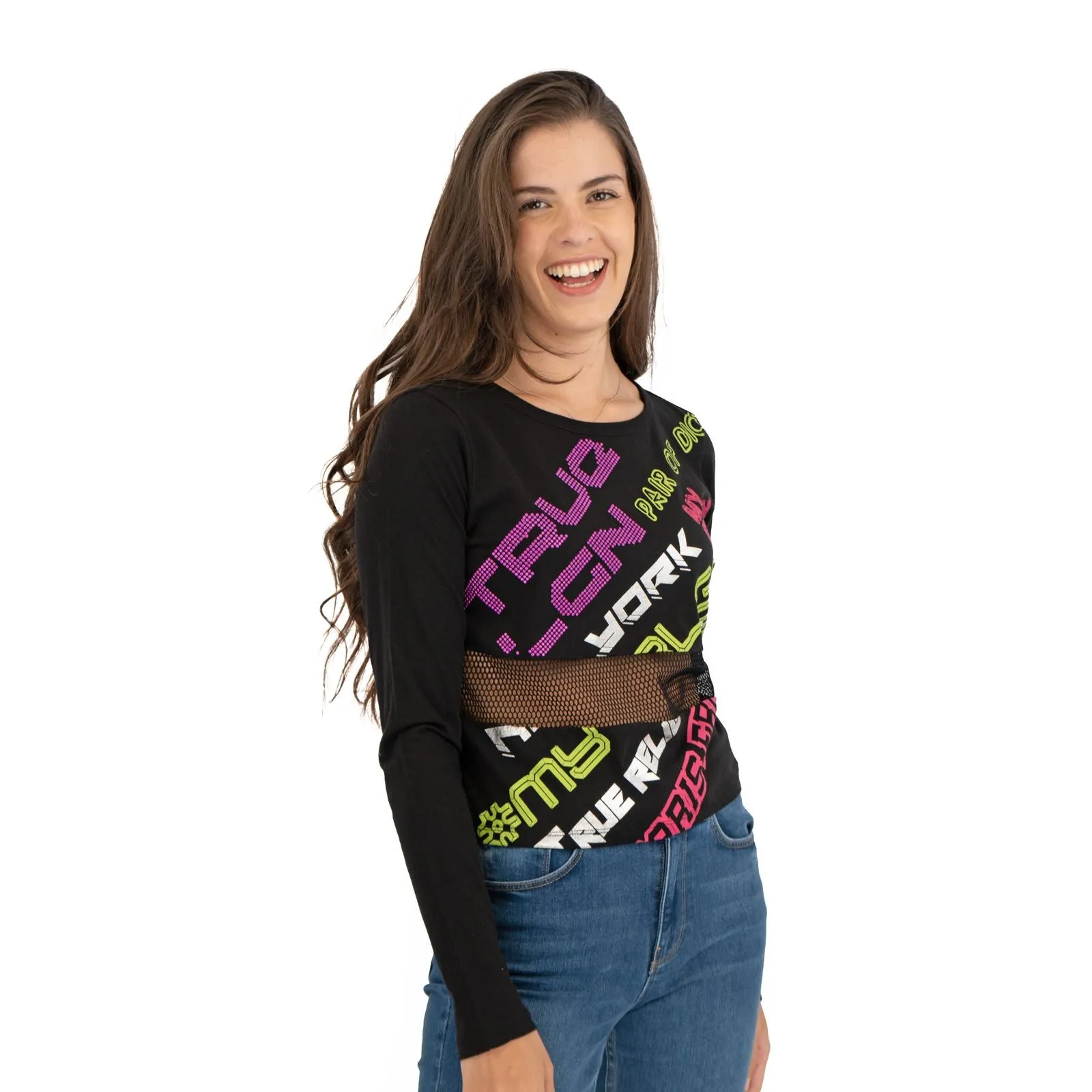 True Religion Womens Black Graphic Print Long Sleeve Top