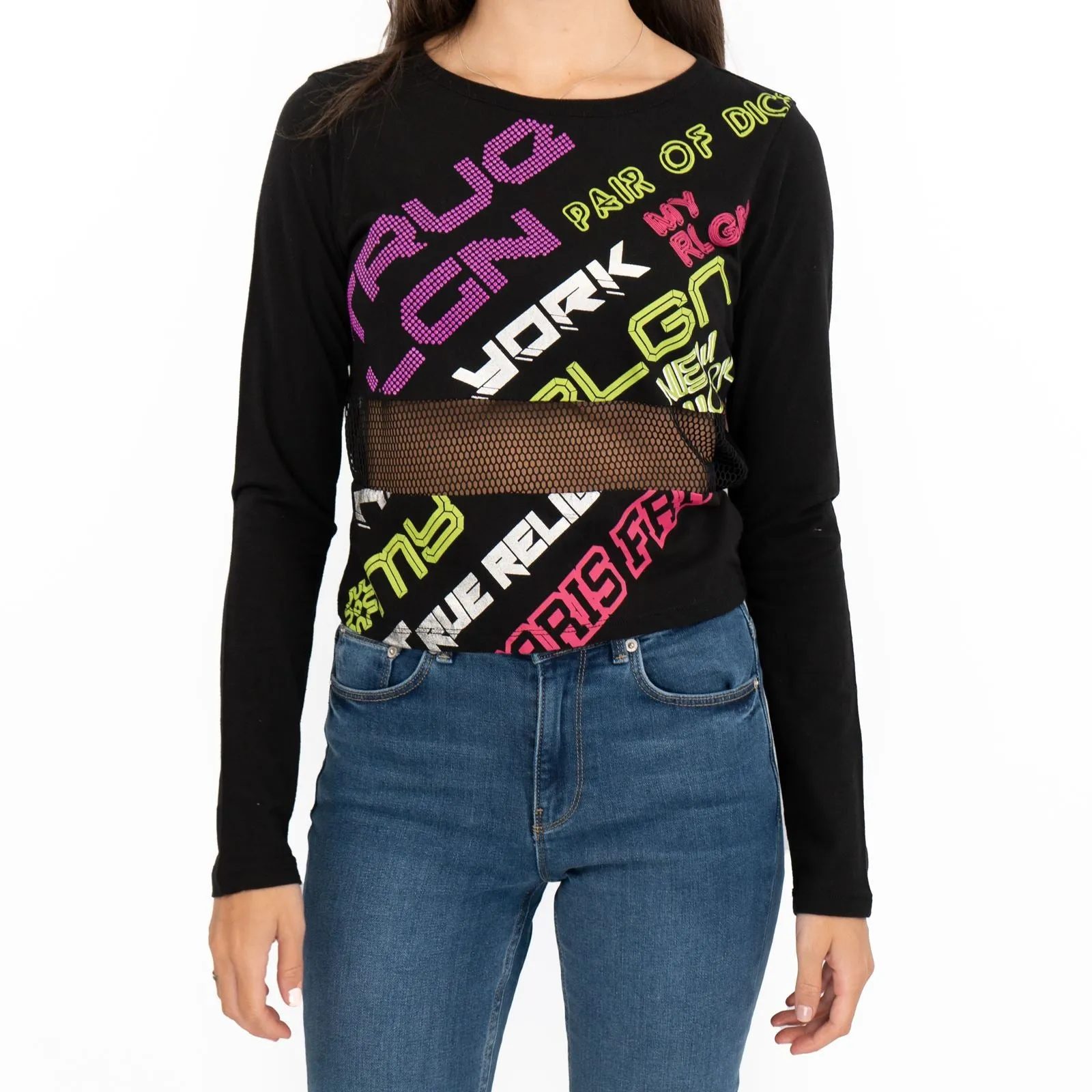 True Religion Womens Black Graphic Print Long Sleeve Top