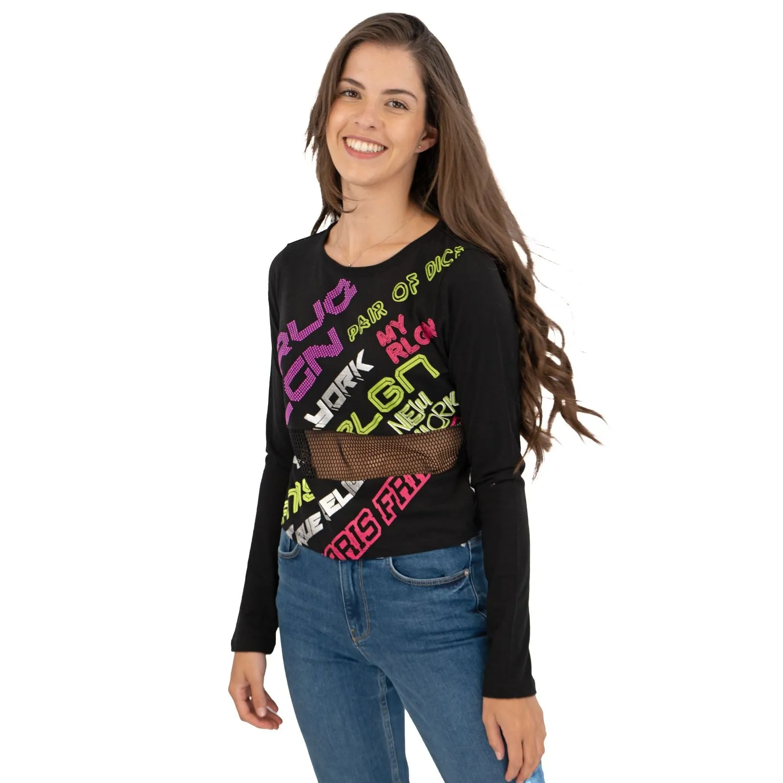 True Religion Womens Black Graphic Print Long Sleeve Top
