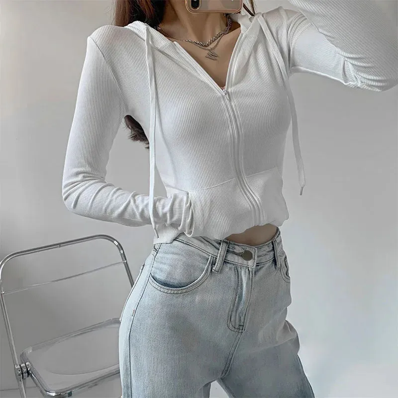 Vintage Solid Hooded Zip Up Long Sleeve Tee