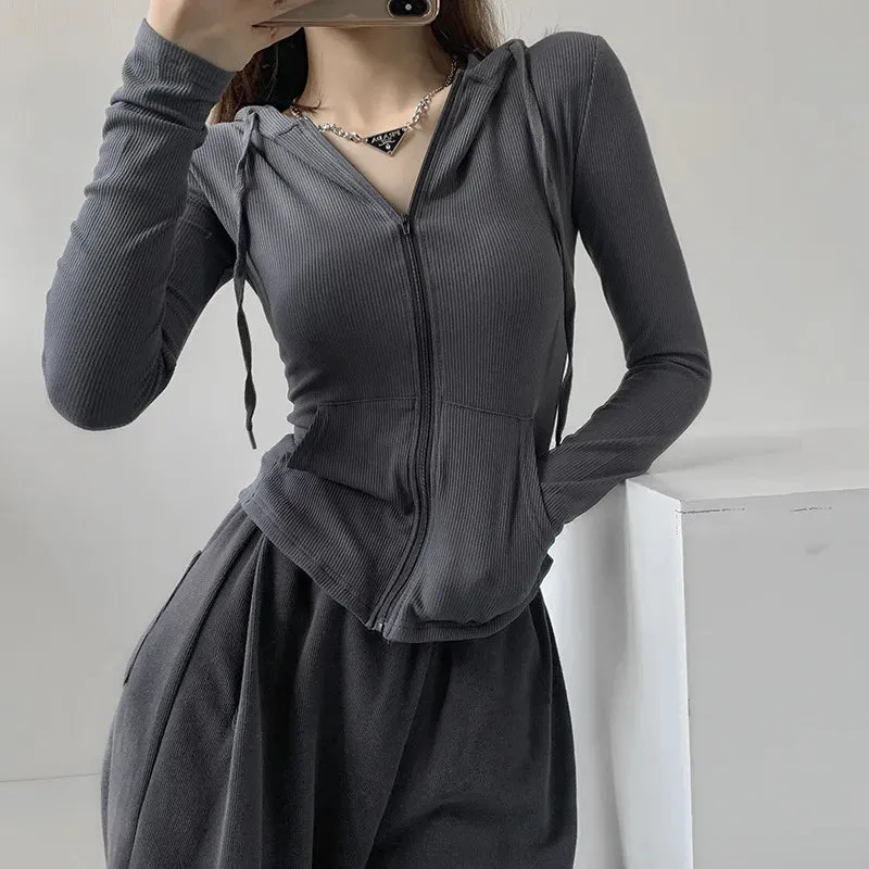 Vintage Solid Hooded Zip Up Long Sleeve Tee
