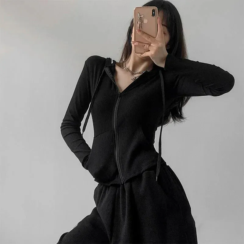 Vintage Solid Hooded Zip Up Long Sleeve Tee